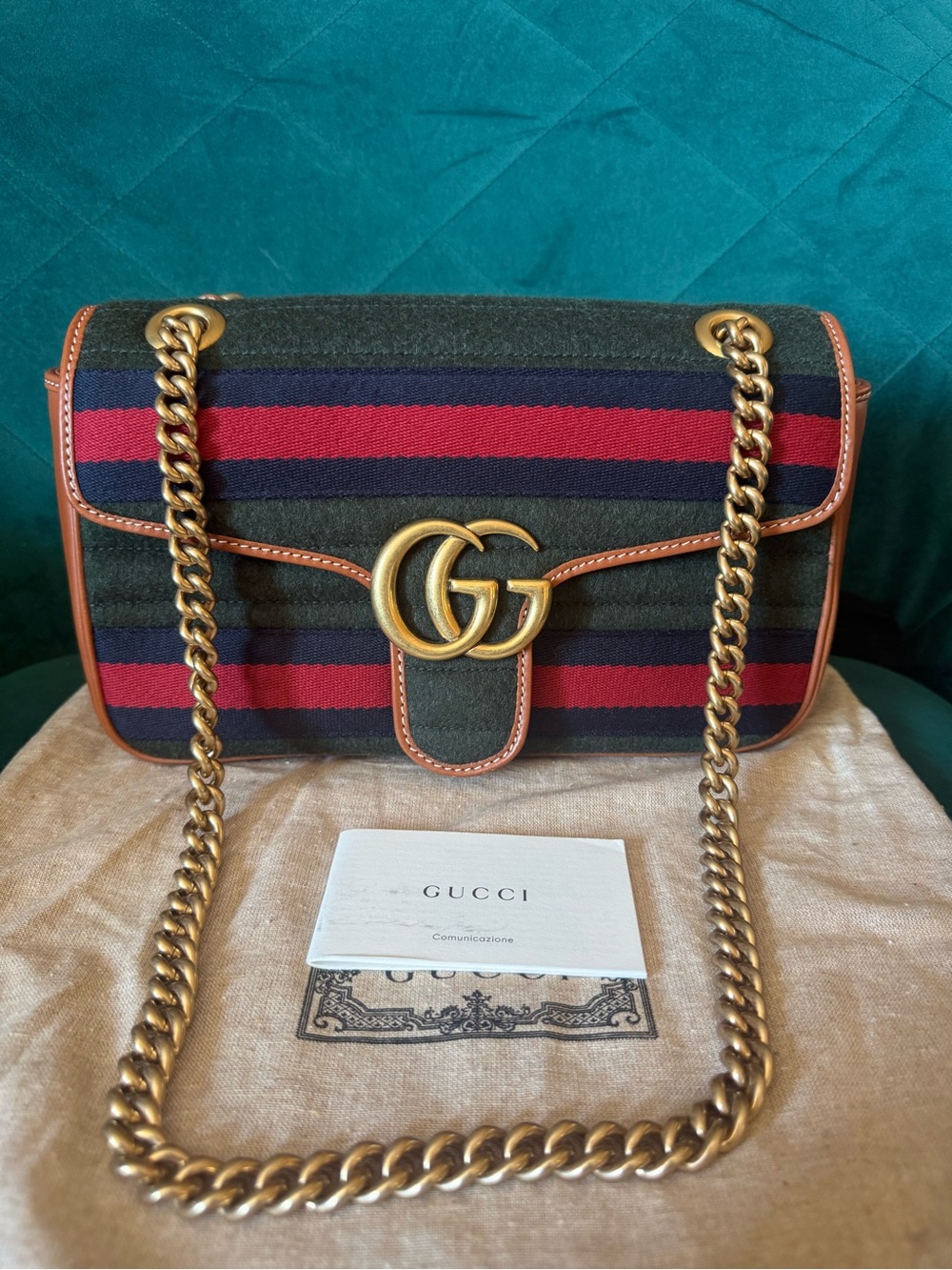 Gucci Navy Red Green Stripe GG Shoulder Bag with Tan Trim - Picture 2 of 16